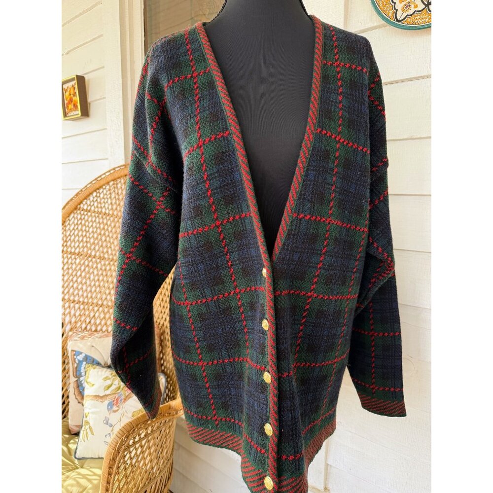 Vintage 80's Pendleton Womens Wool Plaid Cardigan Sweater Red Blue Green XL - Picture 11 of 13